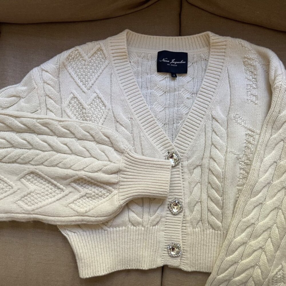 Nana Jacqueline White Cream Knitted Cardigan with Diamond Buttons SIZE M